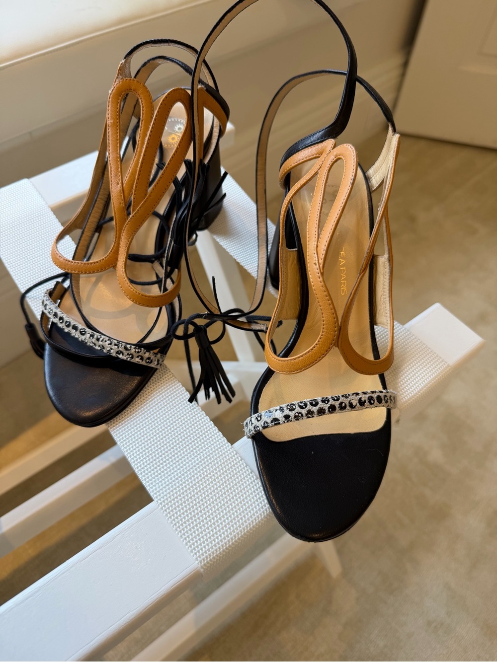 Vero Cuoio Black and Tan Crystal-Embellished Slingback Heels